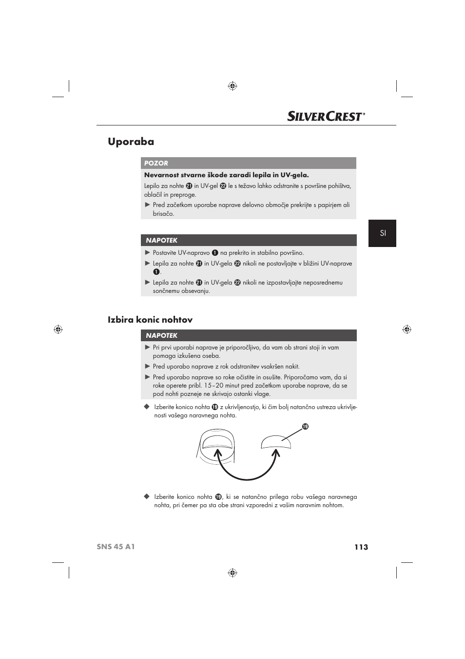 Uporaba, Izbira konic nohtov | Silvercrest SNS 45 A1 User Manual | Page 113 / 194