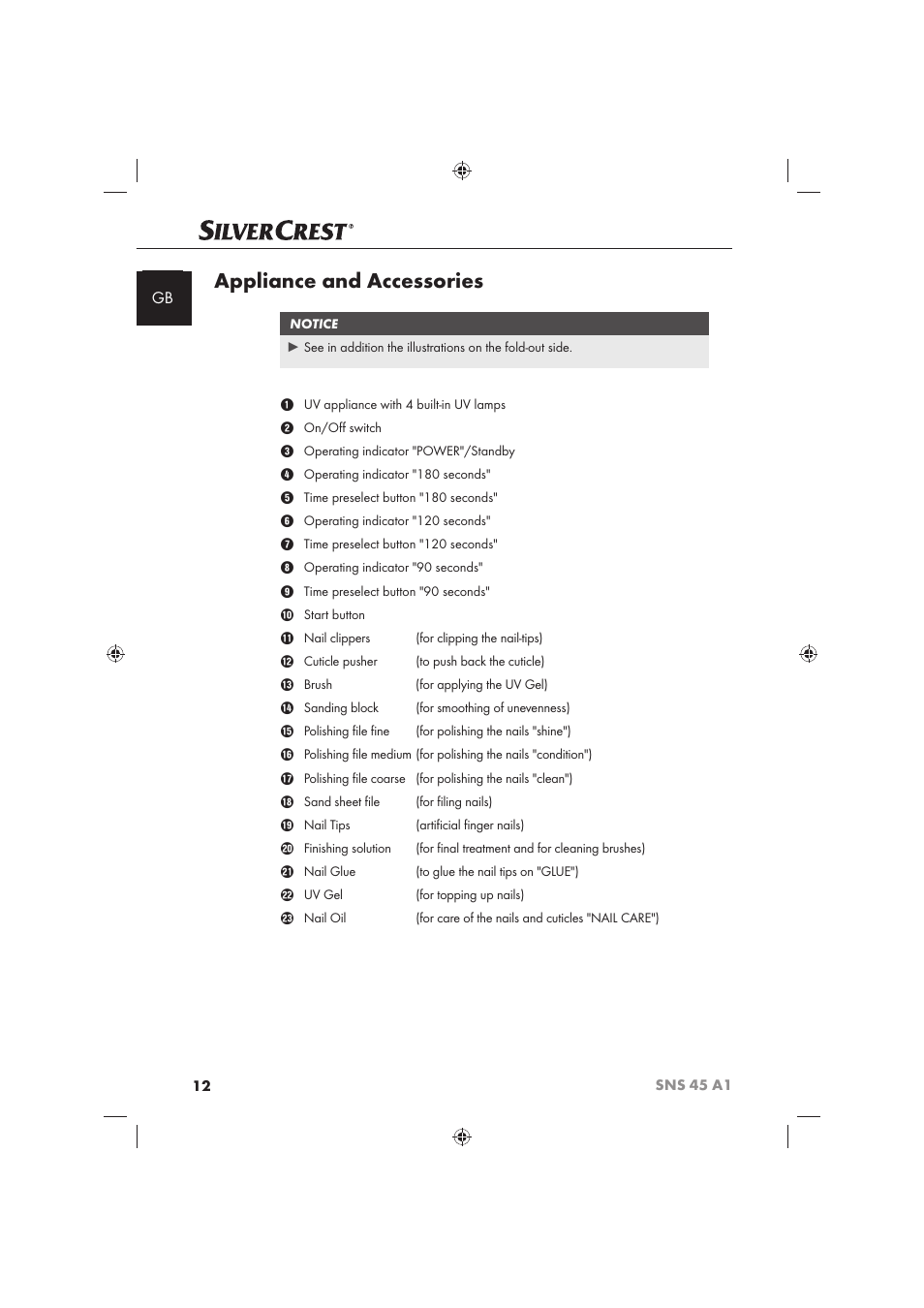 Appliance and accessories | Silvercrest SNS 45 A1 User Manual | Page 12 / 194
