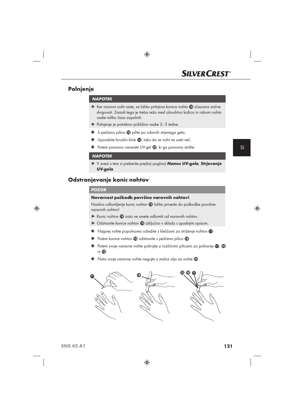 Polnjenje, Odstranjevanje konic nohtov | Silvercrest SNS 45 A1 User Manual | Page 121 / 194
