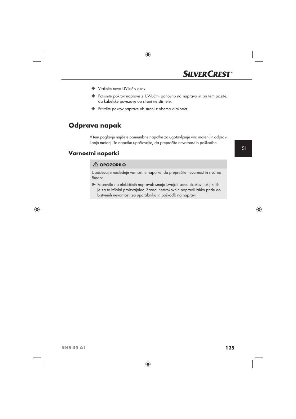 Odprava napak, Varnostni napotki | Silvercrest SNS 45 A1 User Manual | Page 125 / 194