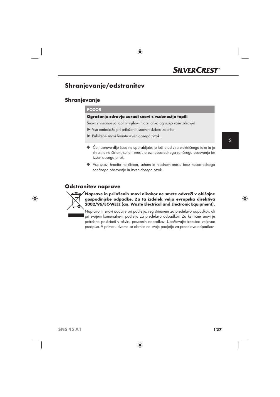 Shranjevanje/odstranitev, Shranjevanje, Odstranitev naprave | Silvercrest SNS 45 A1 User Manual | Page 127 / 194