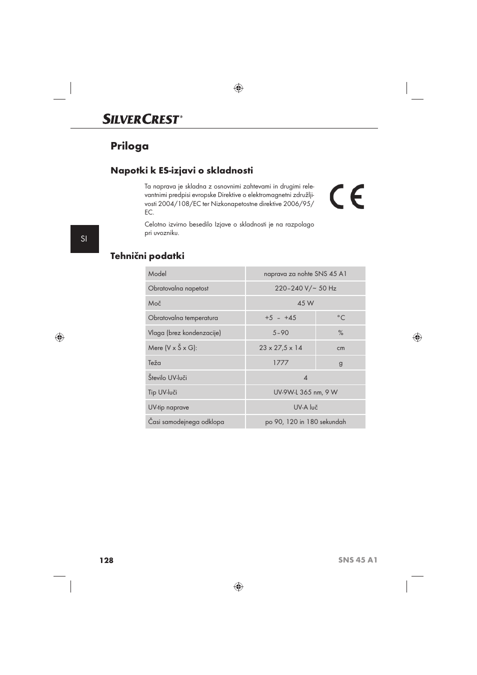 Priloga, Napotki k es-izjavi o skladnosti, Tehnični podatki | Silvercrest SNS 45 A1 User Manual | Page 128 / 194
