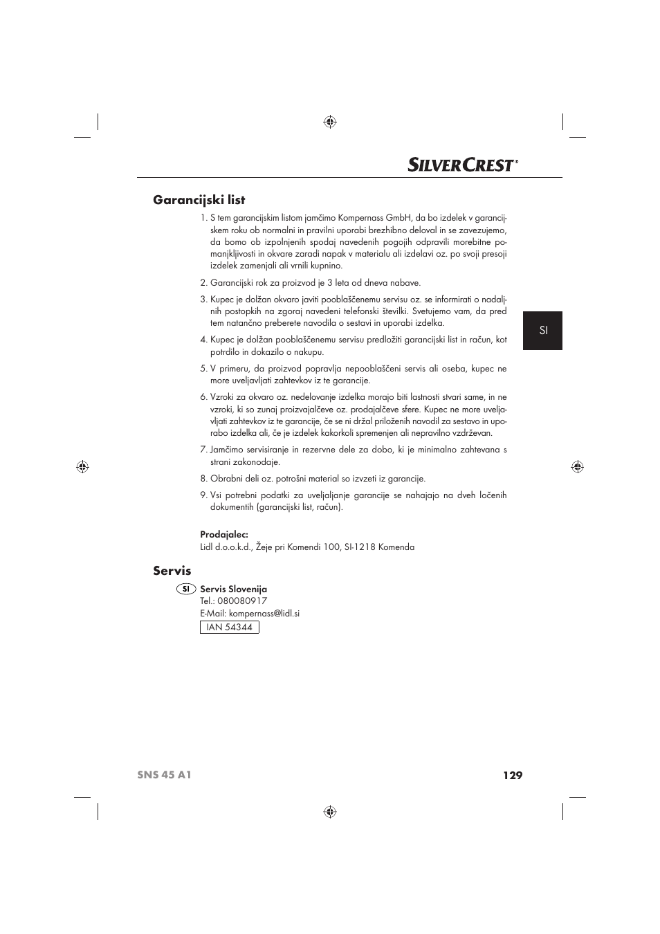 Garancijski list, Servis | Silvercrest SNS 45 A1 User Manual | Page 129 / 194
