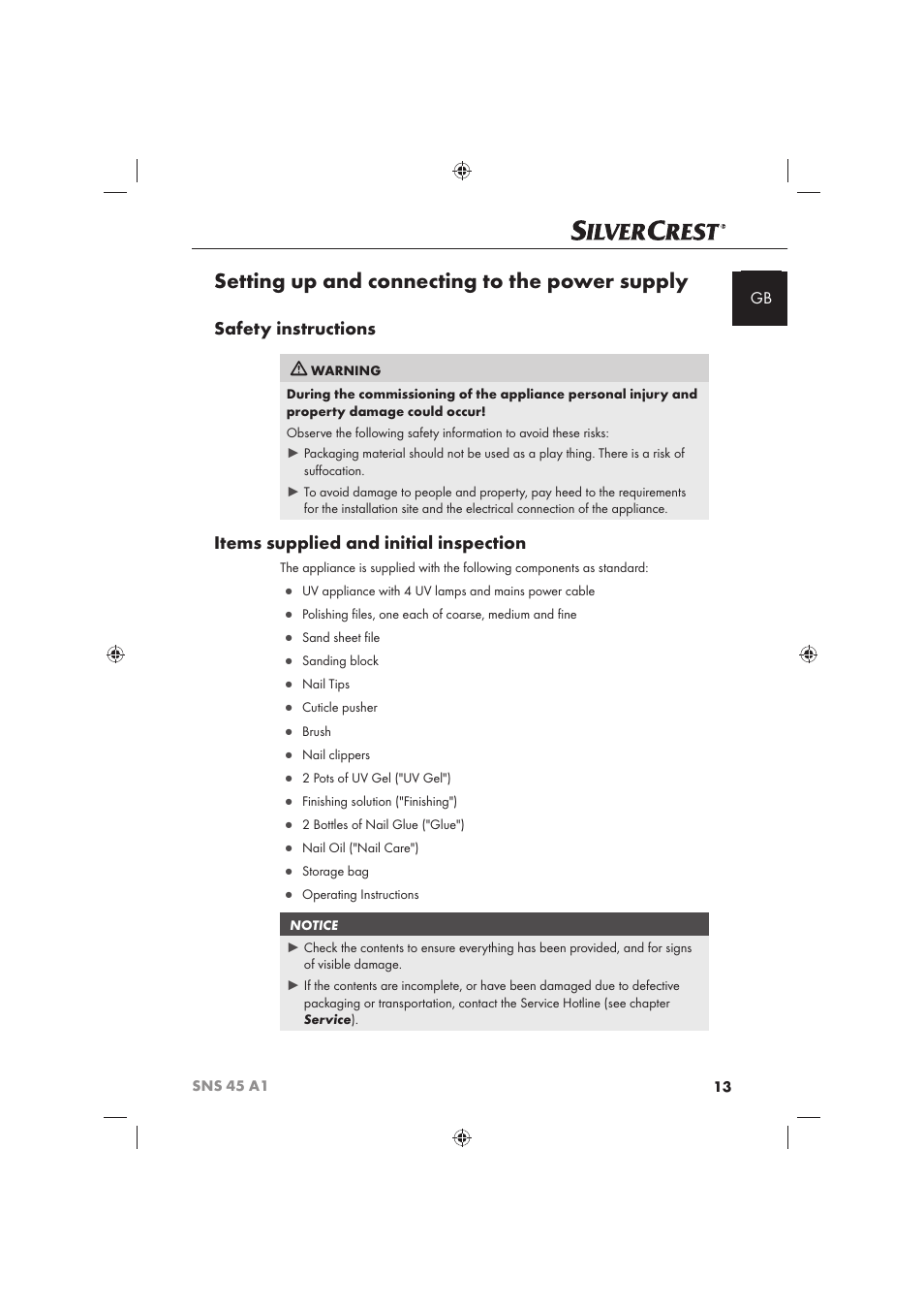 Setting up and connecting to the power supply, Safety instructions, Items supplied and initial inspection | Silvercrest SNS 45 A1 User Manual | Page 13 / 194