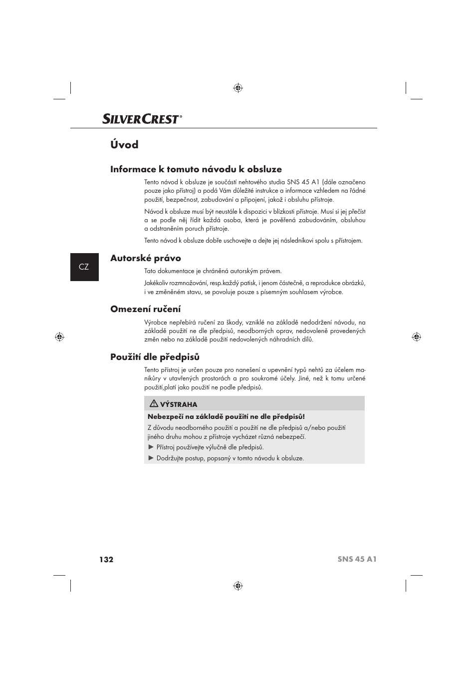 Úvod, Informace k tomuto návodu k obsluze, Autorské právo | Omezení ručení, Použití dle předpisů | Silvercrest SNS 45 A1 User Manual | Page 132 / 194