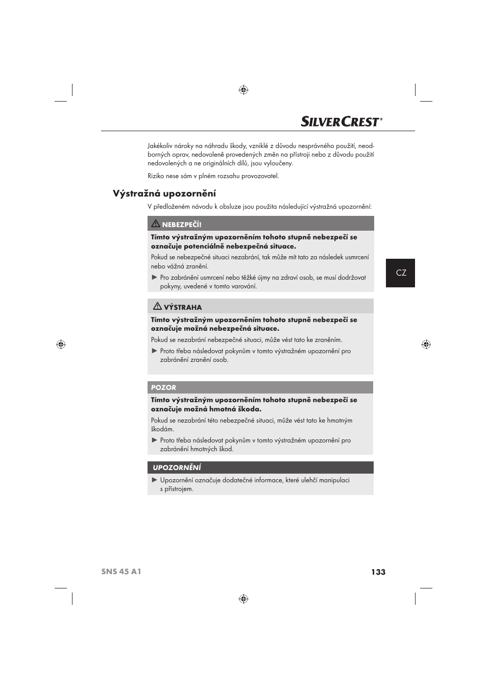 Výstražná upozornění | Silvercrest SNS 45 A1 User Manual | Page 133 / 194