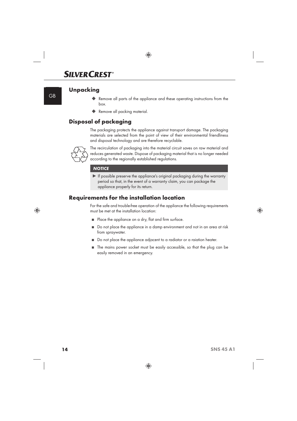Unpacking, Disposal of packaging, Requirements for the installation location | Silvercrest SNS 45 A1 User Manual | Page 14 / 194