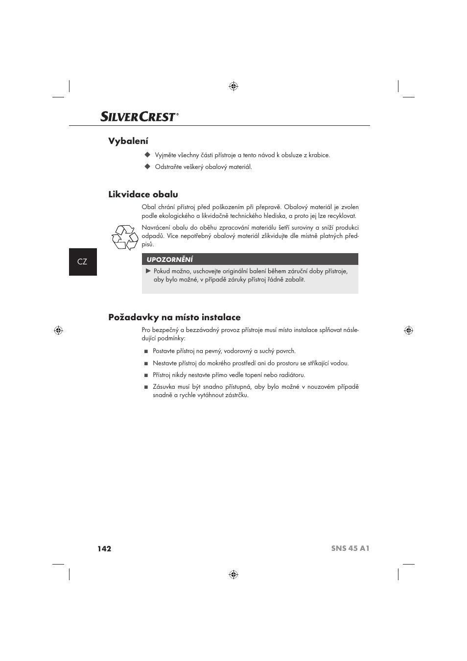 Vybalení, Likvidace obalu, Požadavky na místo instalace | Silvercrest SNS 45 A1 User Manual | Page 142 / 194