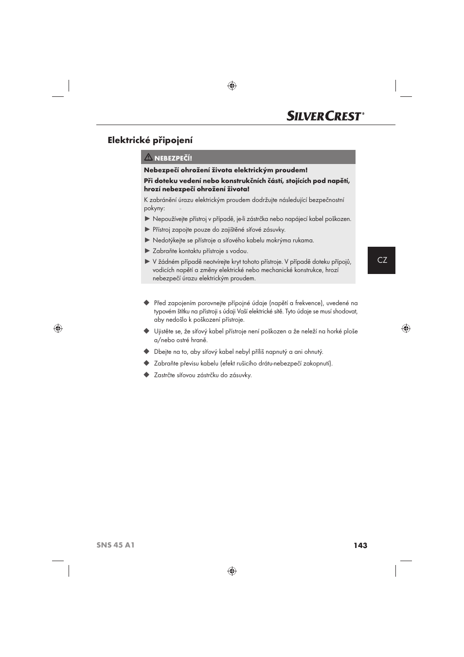 Elektrické připojení | Silvercrest SNS 45 A1 User Manual | Page 143 / 194