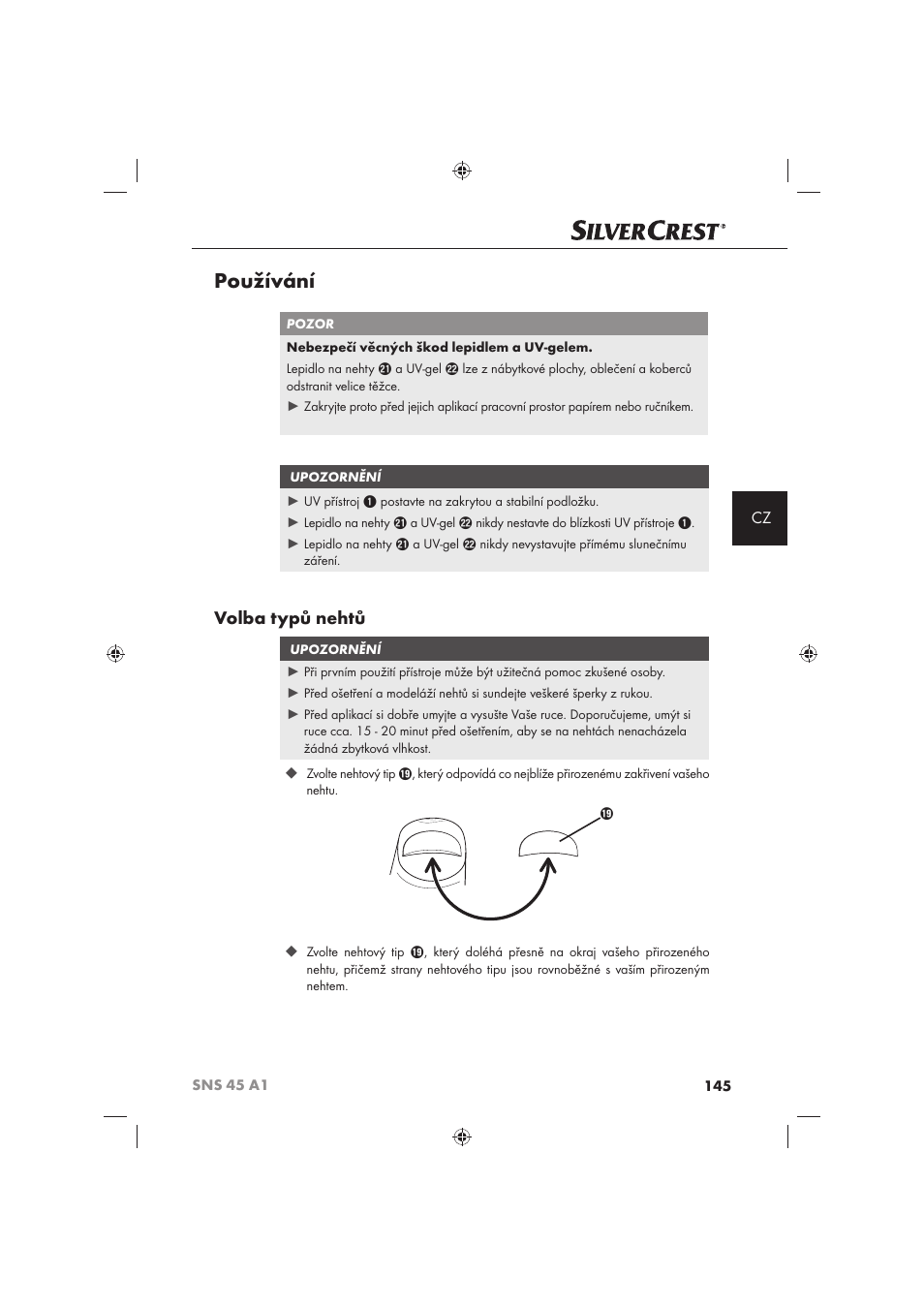 Používání, Volba typů nehtů | Silvercrest SNS 45 A1 User Manual | Page 145 / 194