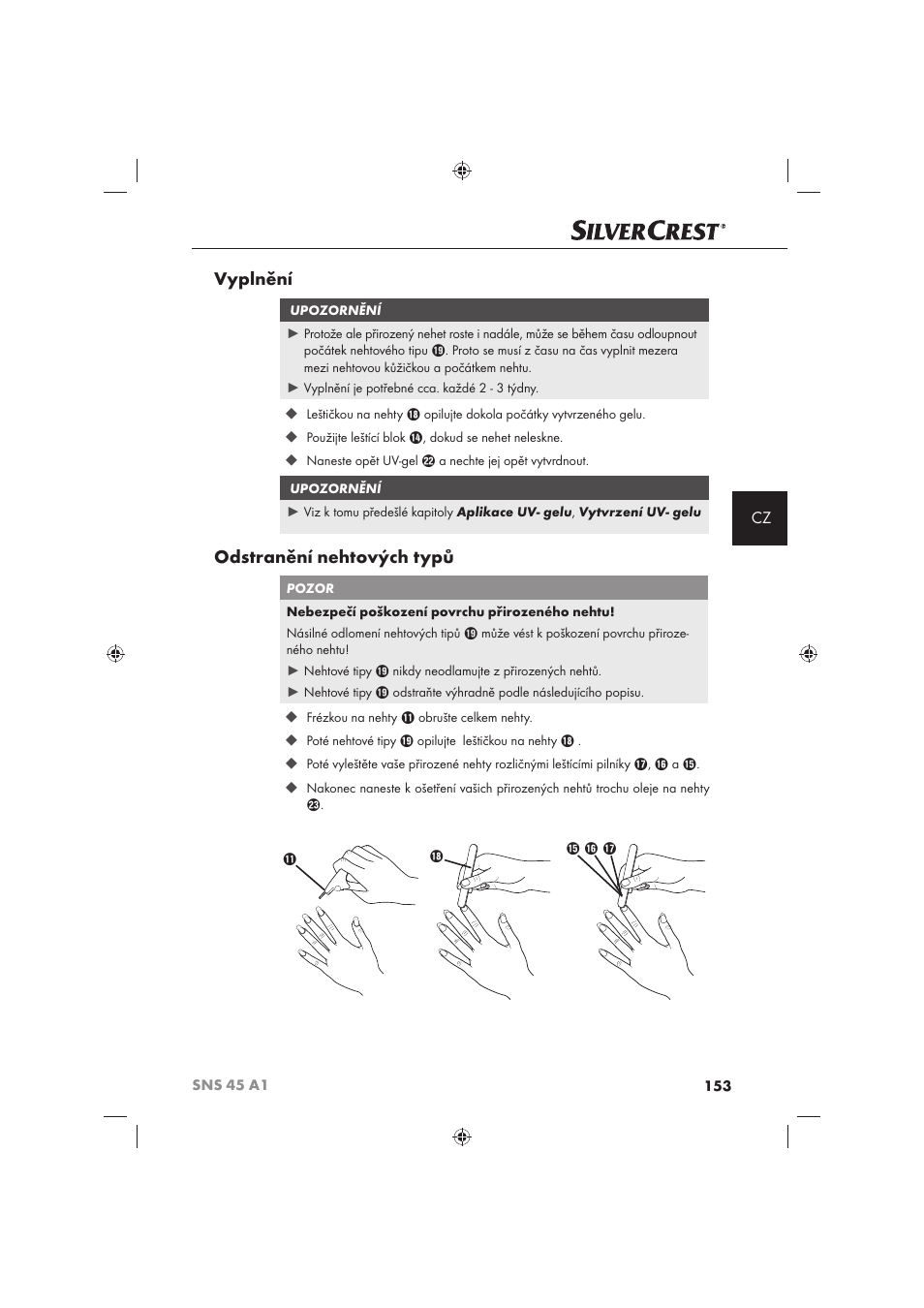 Vyplnění, Odstranění nehtových typů | Silvercrest SNS 45 A1 User Manual | Page 153 / 194