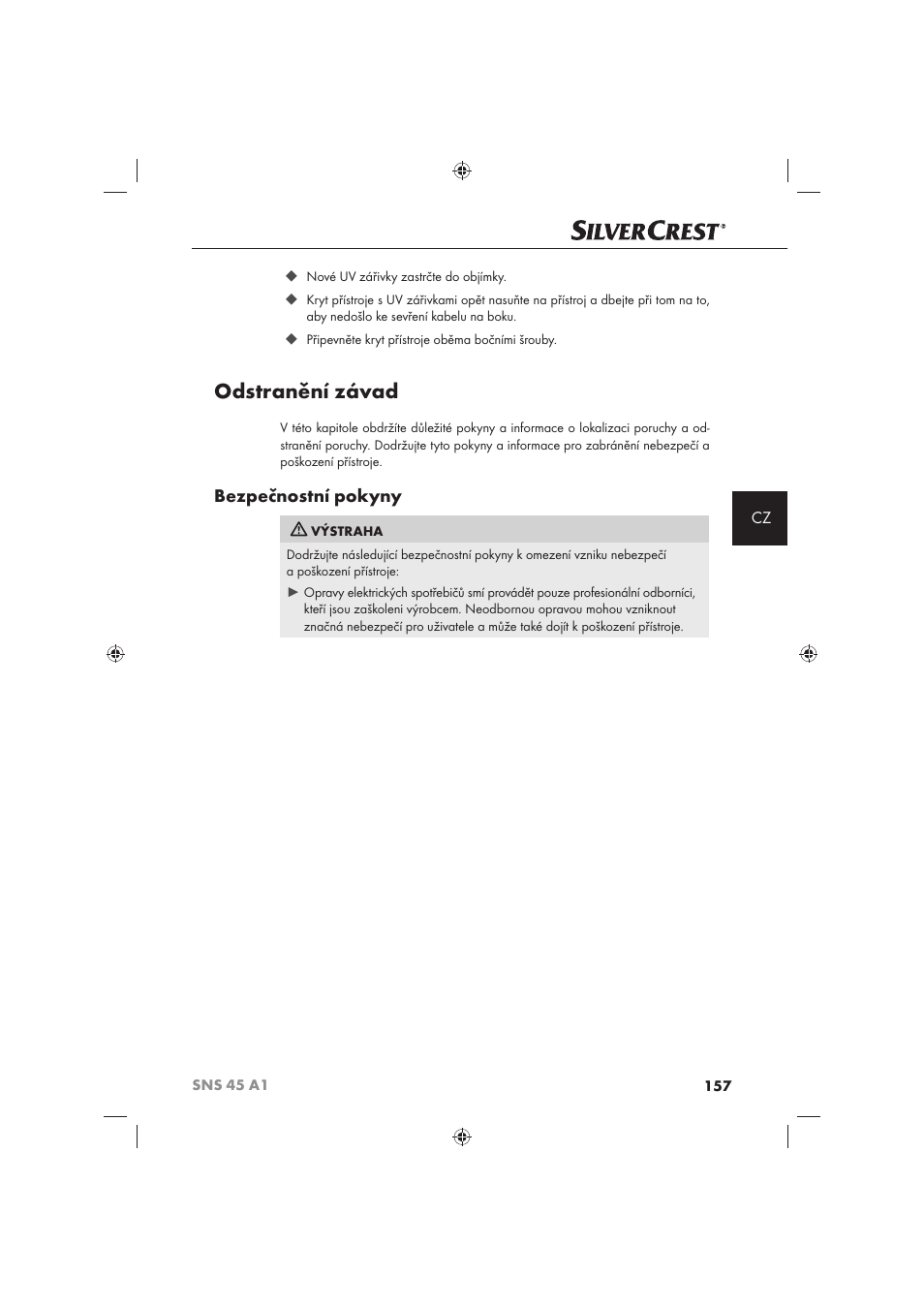 Odstranění závad, Bezpečnostní pokyny | Silvercrest SNS 45 A1 User Manual | Page 157 / 194