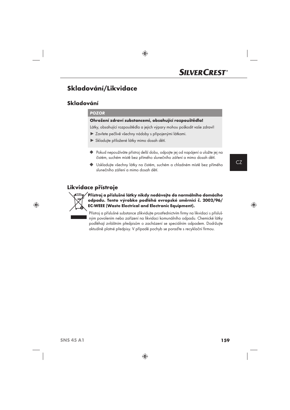 Skladování/likvidace, Skladování, Likvidace přístroje | Silvercrest SNS 45 A1 User Manual | Page 159 / 194