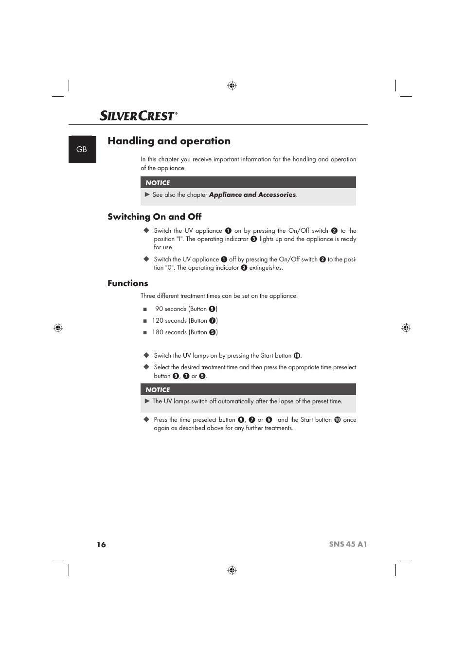 Handling and operation, Switching on and oﬀ, Functions | Silvercrest SNS 45 A1 User Manual | Page 16 / 194