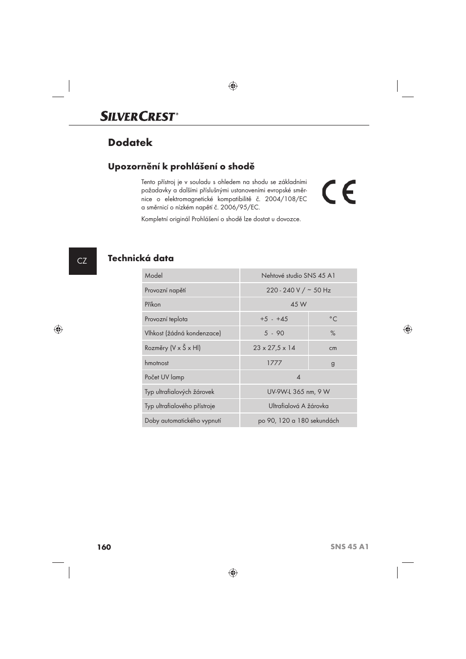 Dodatek, Upozornění k prohlášení o shodě, Technická data | Silvercrest SNS 45 A1 User Manual | Page 160 / 194