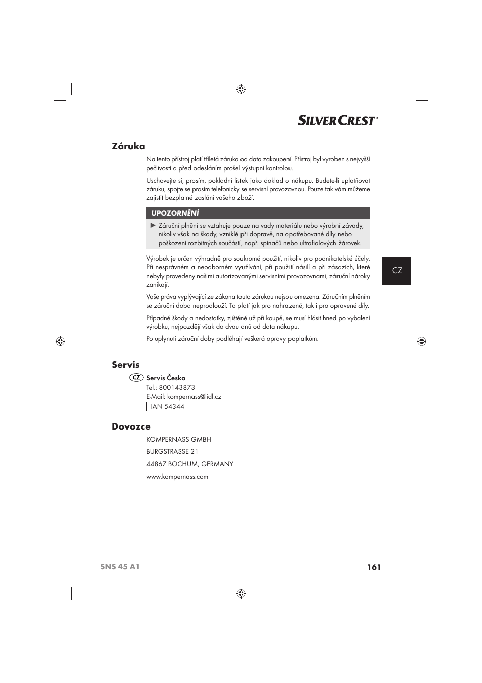 Záruka, Servis, Dovozce | Silvercrest SNS 45 A1 User Manual | Page 161 / 194
