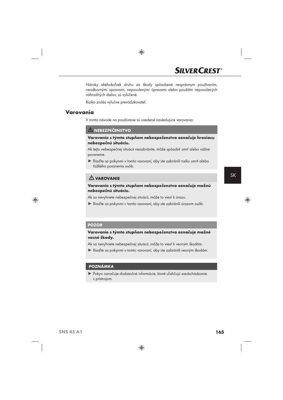 Varovania | Silvercrest SNS 45 A1 User Manual | Page 165 / 194