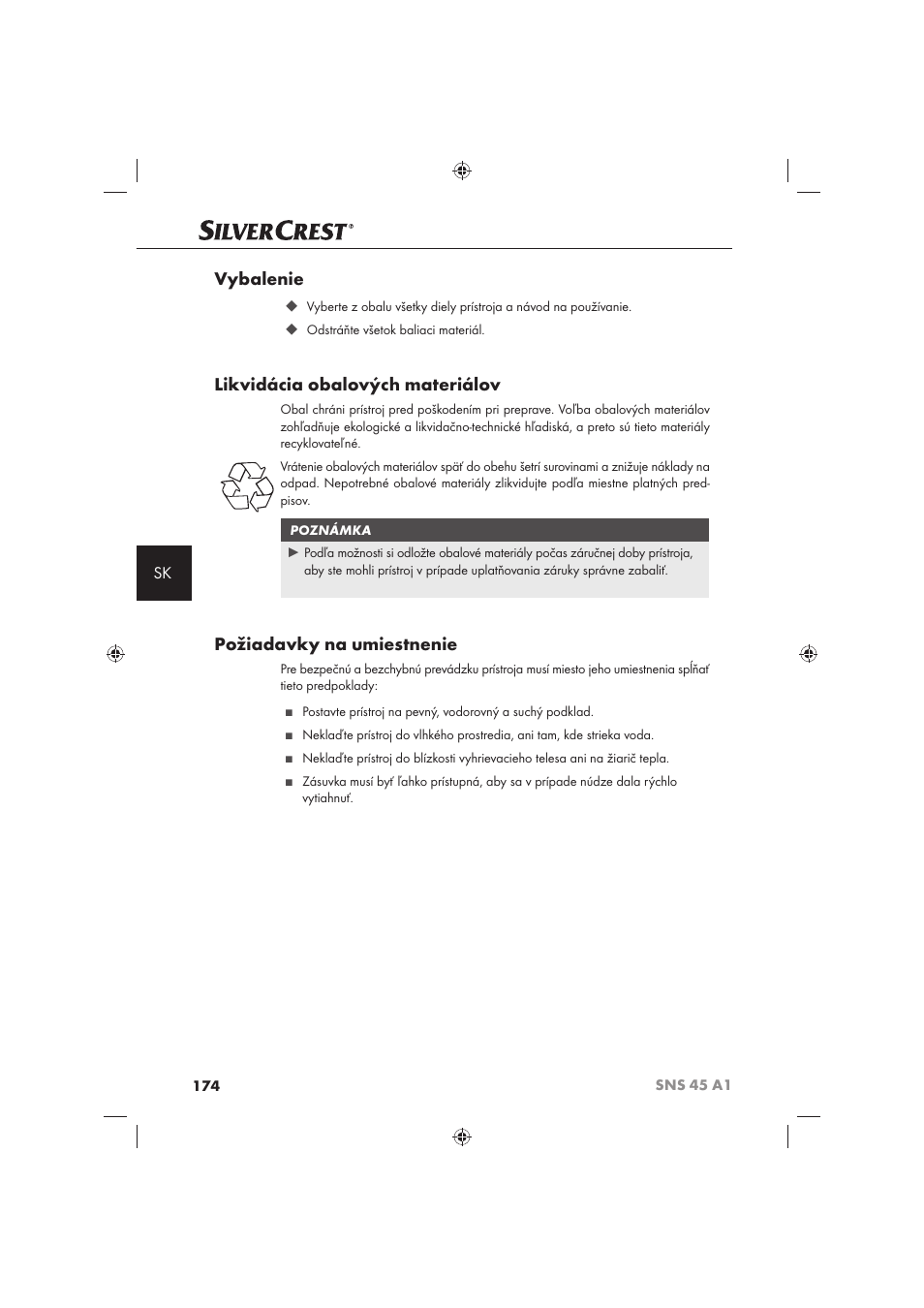 Vybalenie, Likvidácia obalových materiálov, Požiadavky na umiestnenie | Silvercrest SNS 45 A1 User Manual | Page 174 / 194
