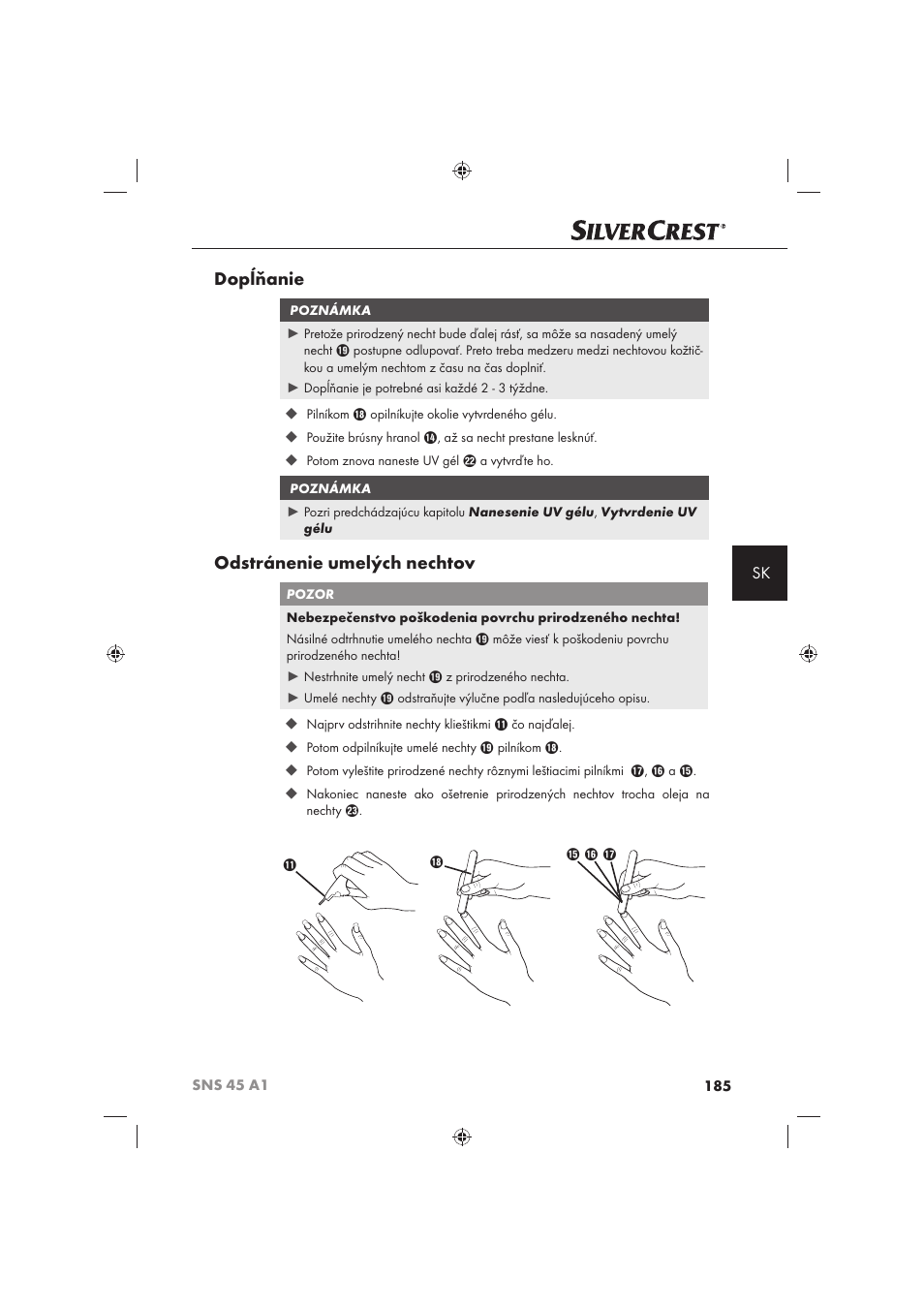 Dopĺňanie, Odstránenie umelých nechtov | Silvercrest SNS 45 A1 User Manual | Page 185 / 194