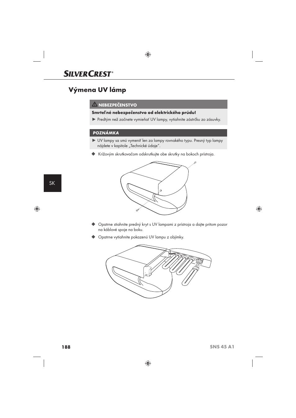 Výmena uv lámp | Silvercrest SNS 45 A1 User Manual | Page 188 / 194