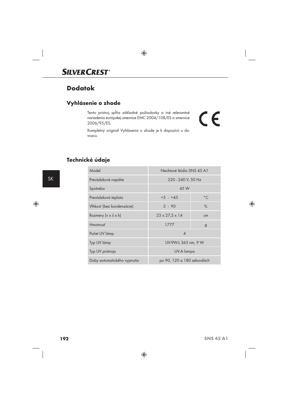 Dodatok, Vyhlásenie o zhode, Technické údaje | Silvercrest SNS 45 A1 User Manual | Page 192 / 194
