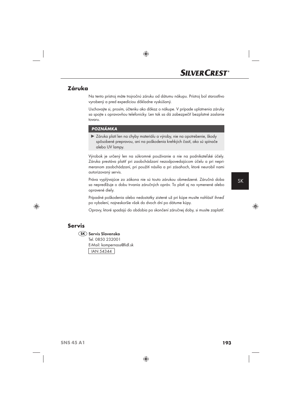 Záruka, Servis | Silvercrest SNS 45 A1 User Manual | Page 193 / 194