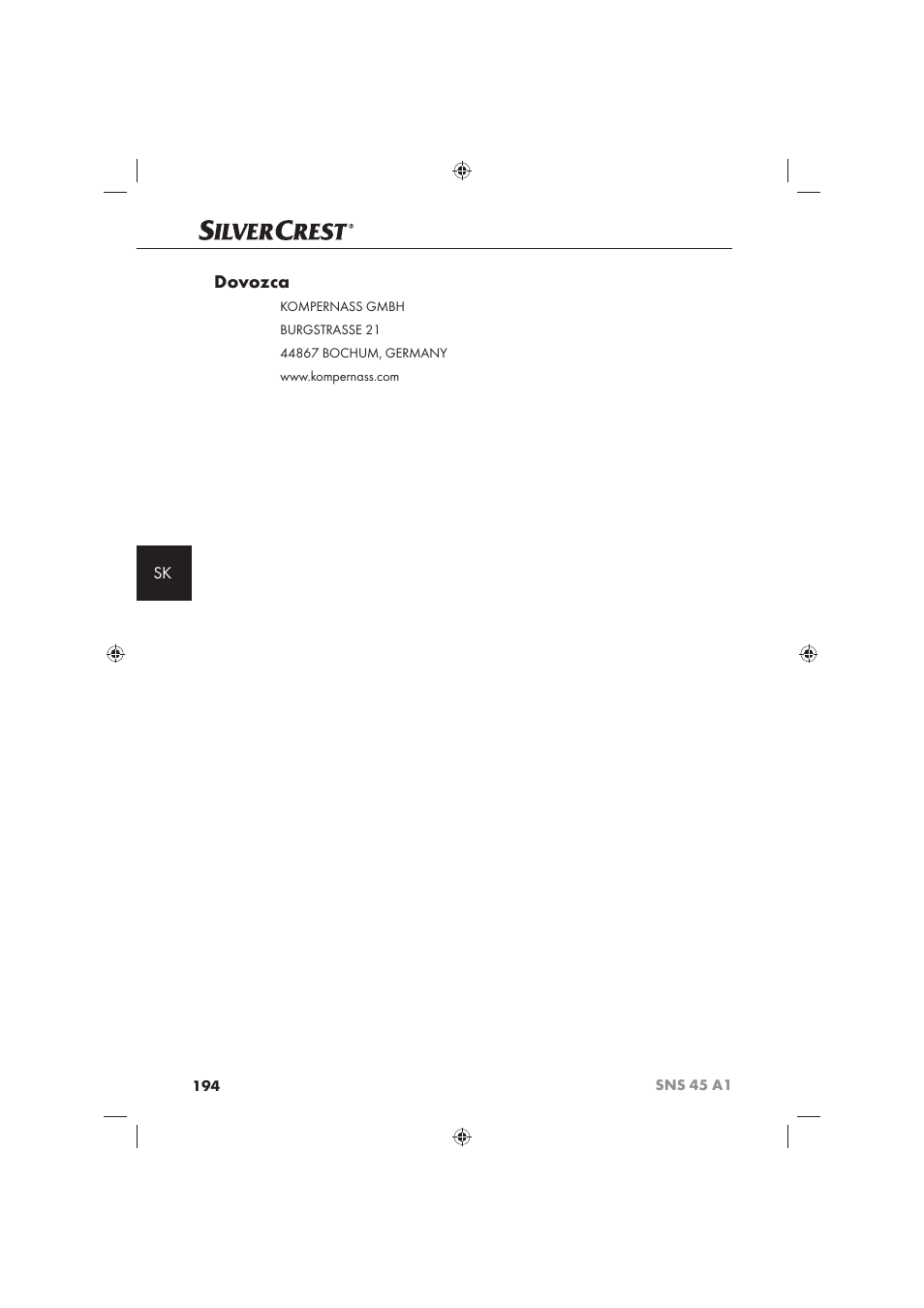 Dovozca | Silvercrest SNS 45 A1 User Manual | Page 194 / 194