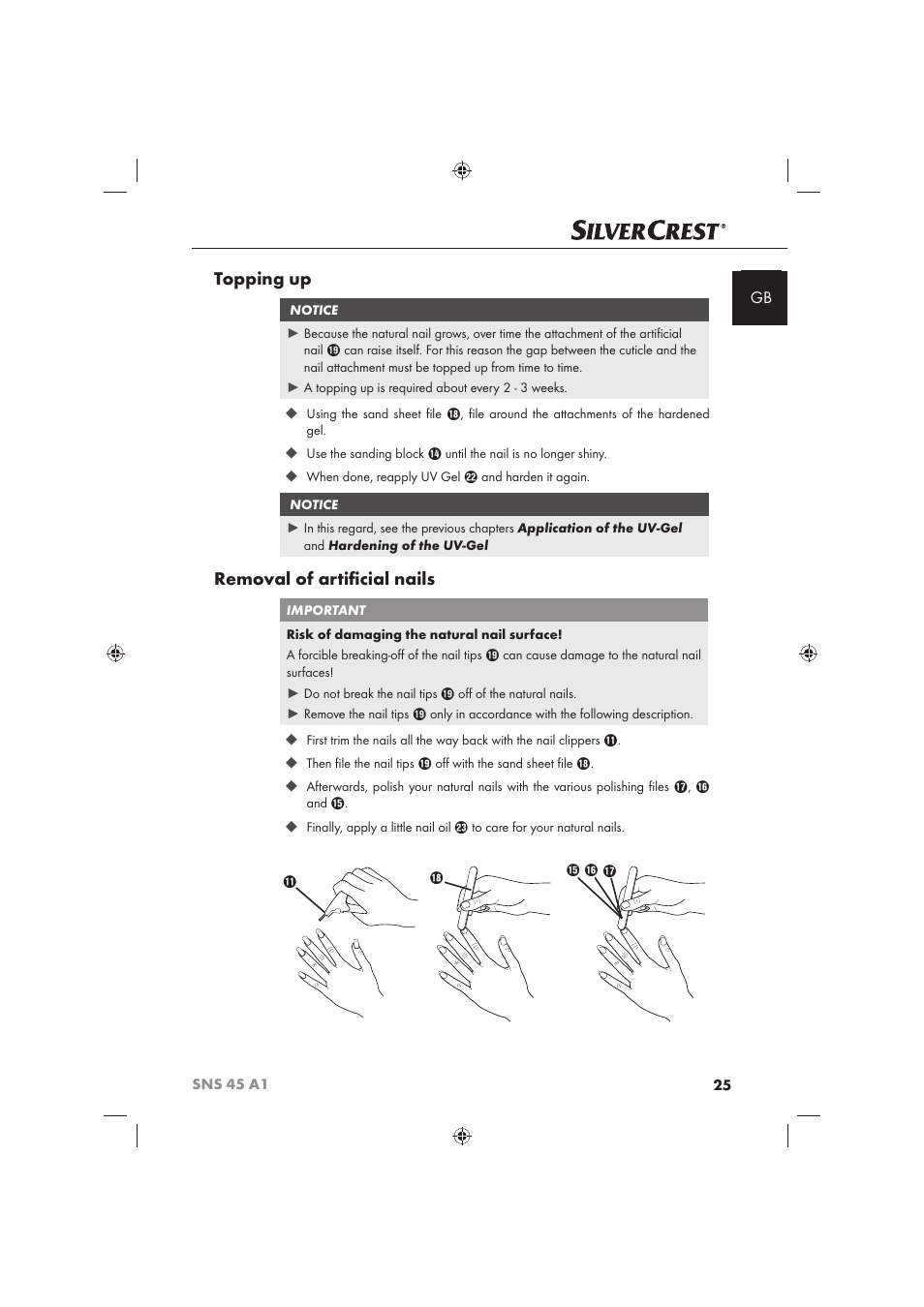 Topping up, Removal of artiﬁ cial nails | Silvercrest SNS 45 A1 User Manual | Page 25 / 194