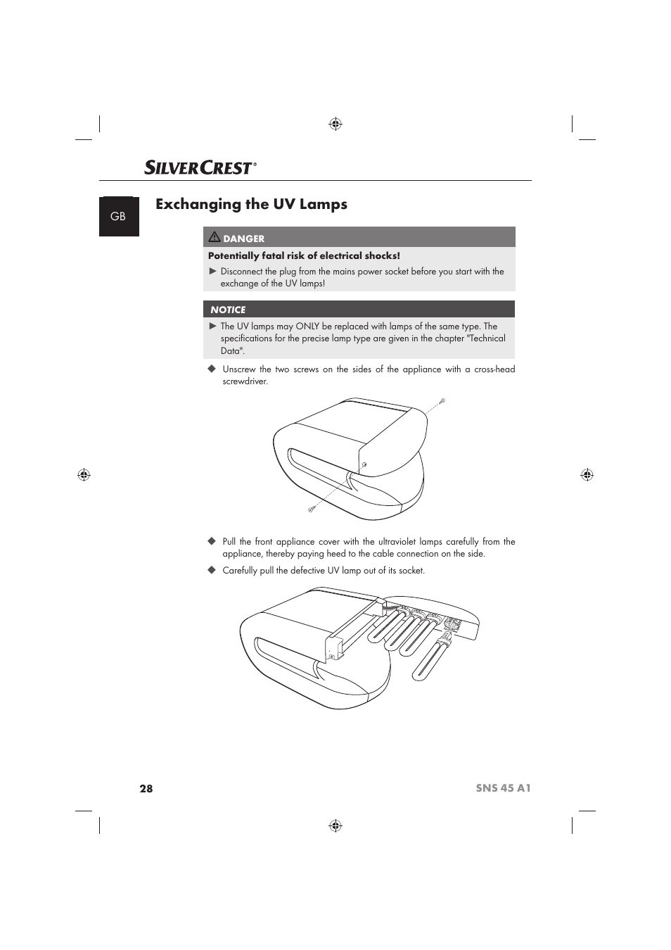 Exchanging the uv lamps | Silvercrest SNS 45 A1 User Manual | Page 28 / 194