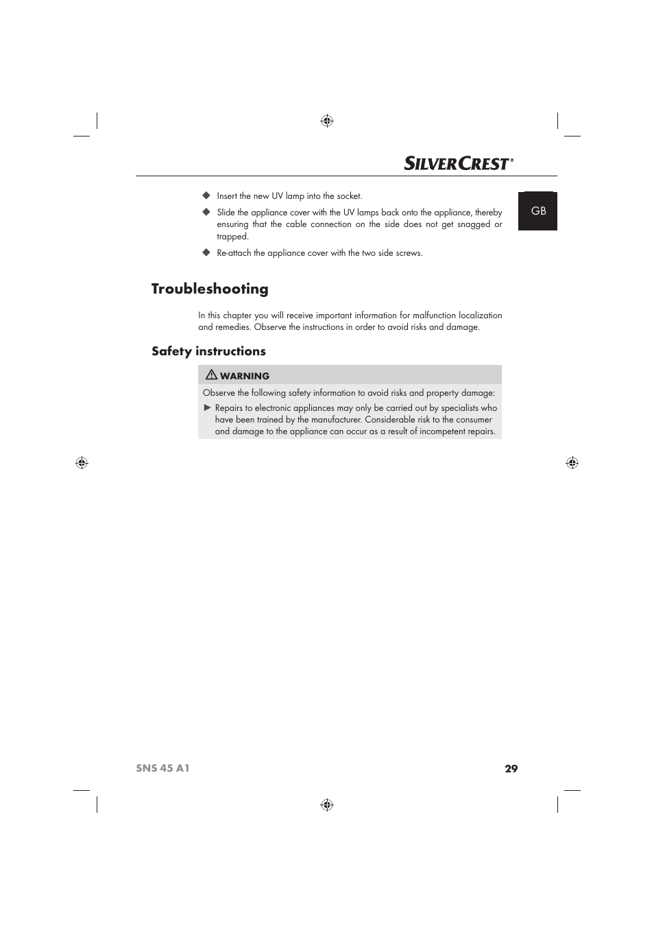 Troubleshooting, Safety instructions | Silvercrest SNS 45 A1 User Manual | Page 29 / 194