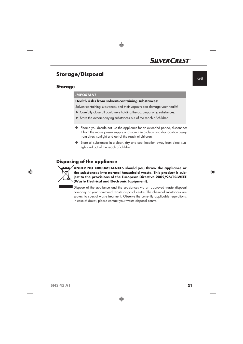 Storage/disposal, Storage, Disposing of the appliance | Silvercrest SNS 45 A1 User Manual | Page 31 / 194