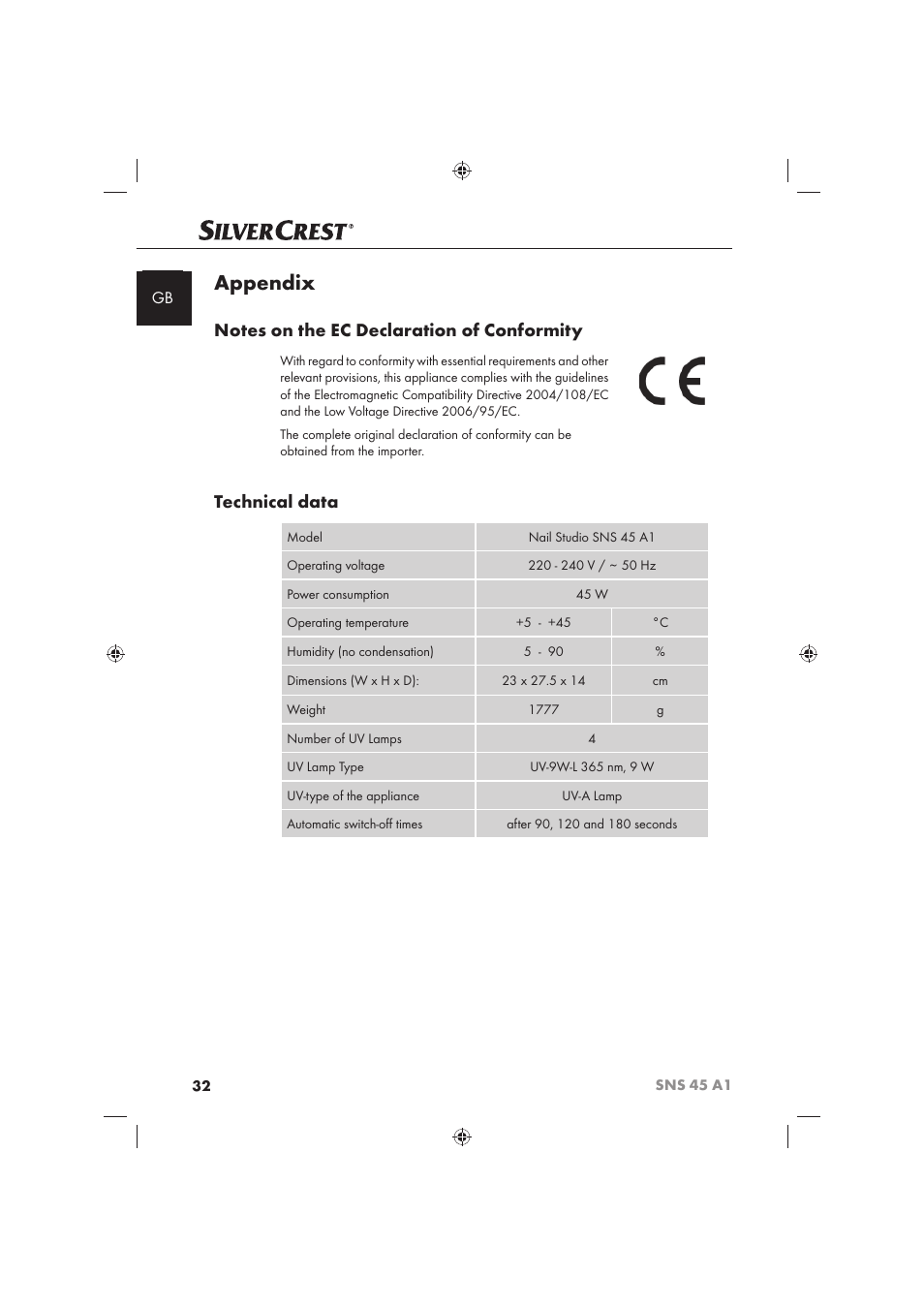 Appendix, Technical data | Silvercrest SNS 45 A1 User Manual | Page 32 / 194