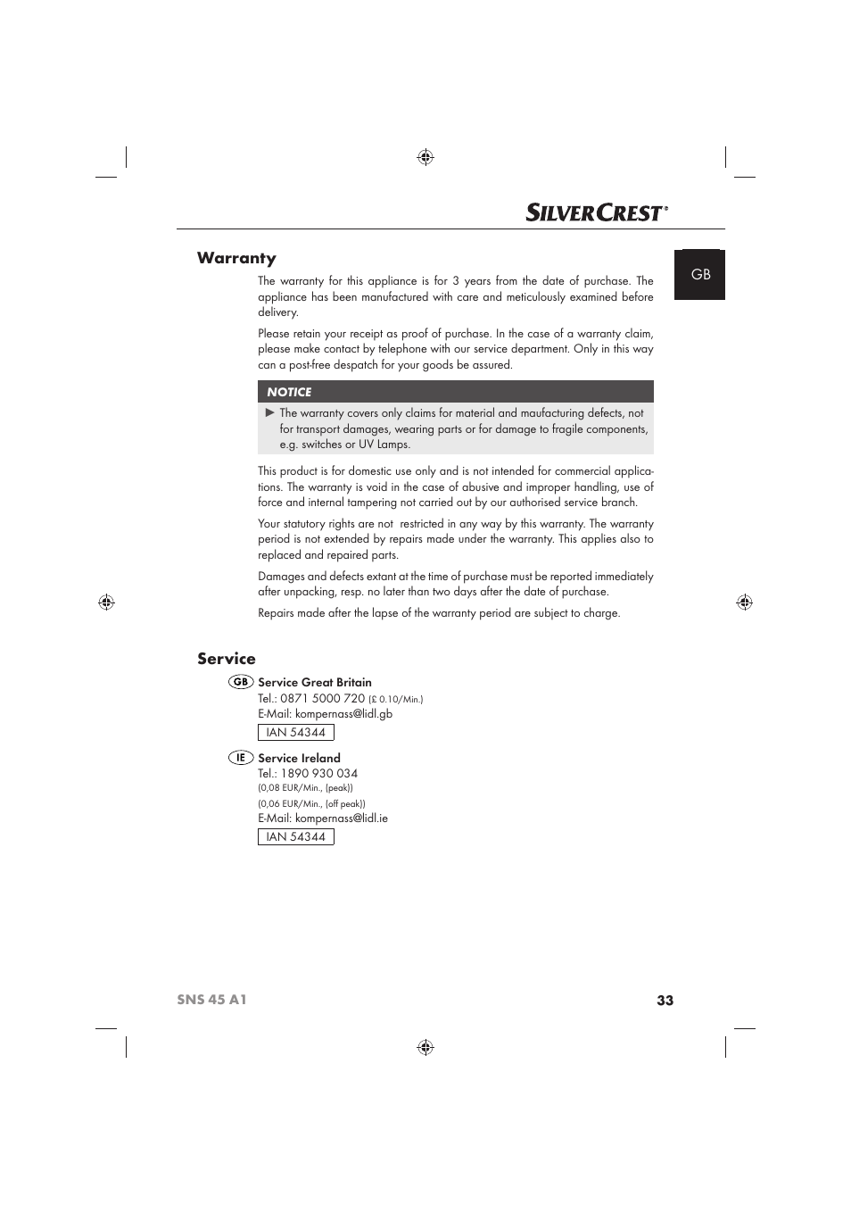 Warranty, Service | Silvercrest SNS 45 A1 User Manual | Page 33 / 194