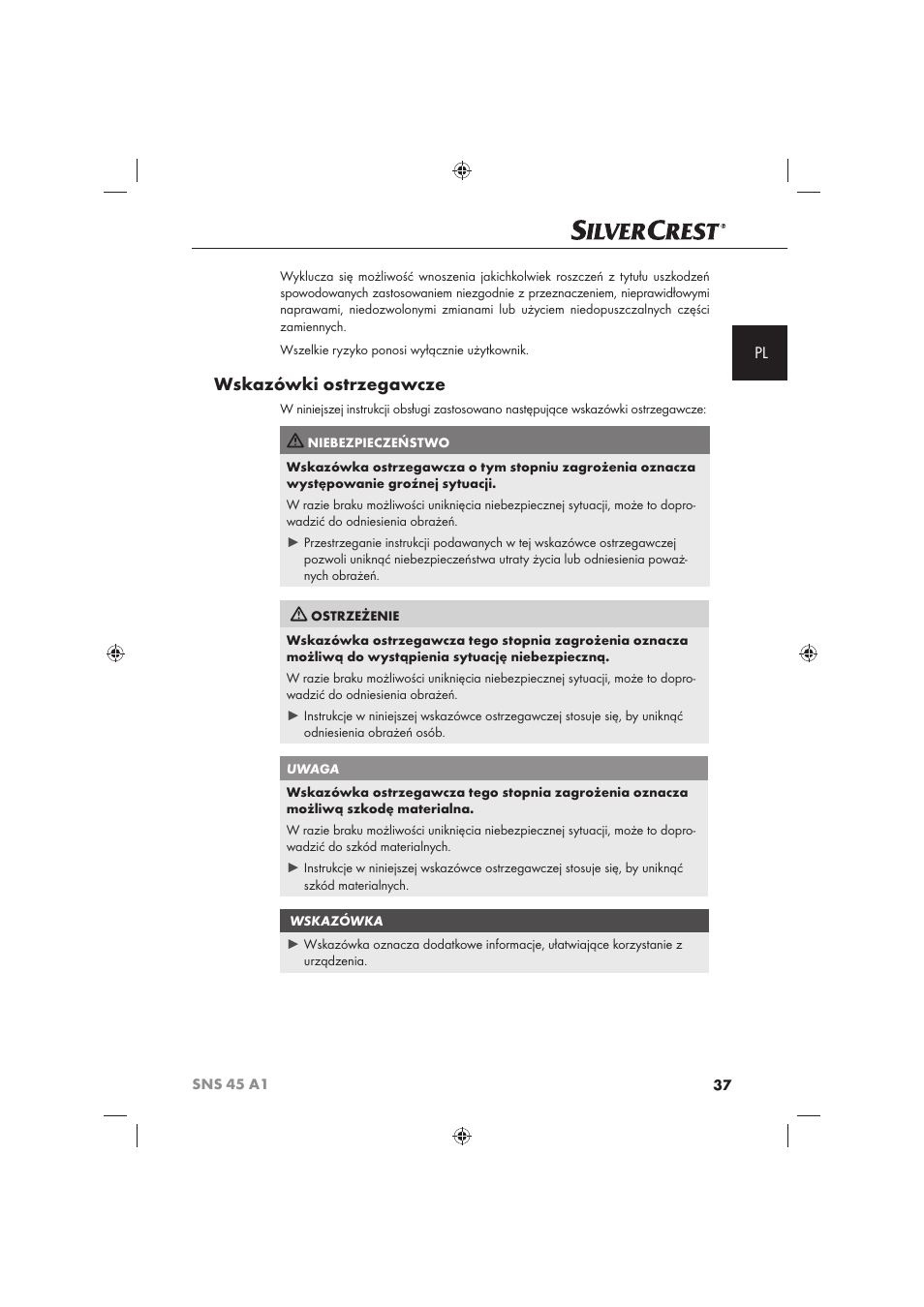 Wskazówki ostrzegawcze | Silvercrest SNS 45 A1 User Manual | Page 37 / 194