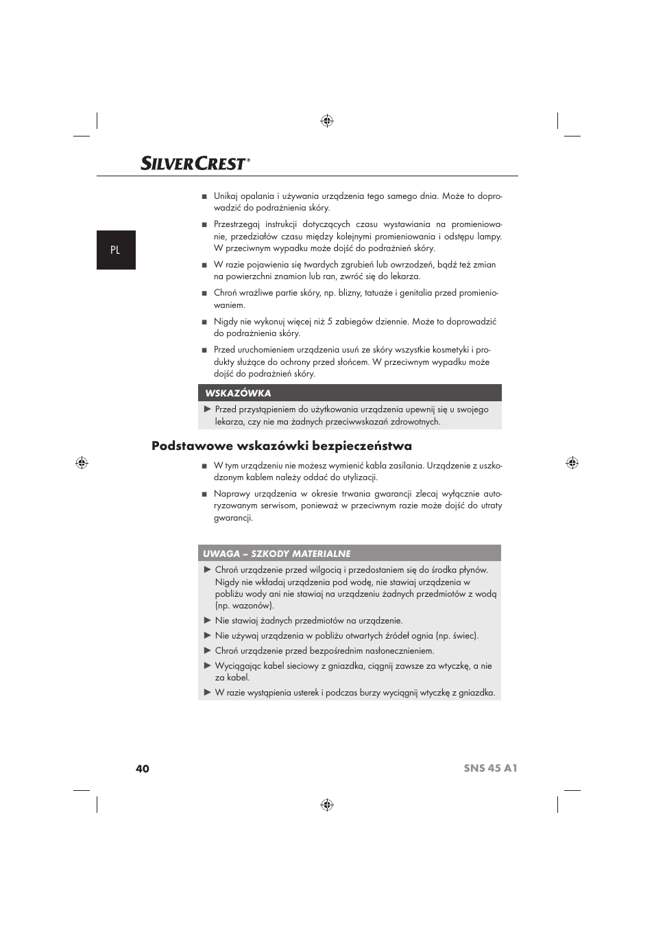 Podstawowe wskazówki bezpieczeństwa | Silvercrest SNS 45 A1 User Manual | Page 40 / 194