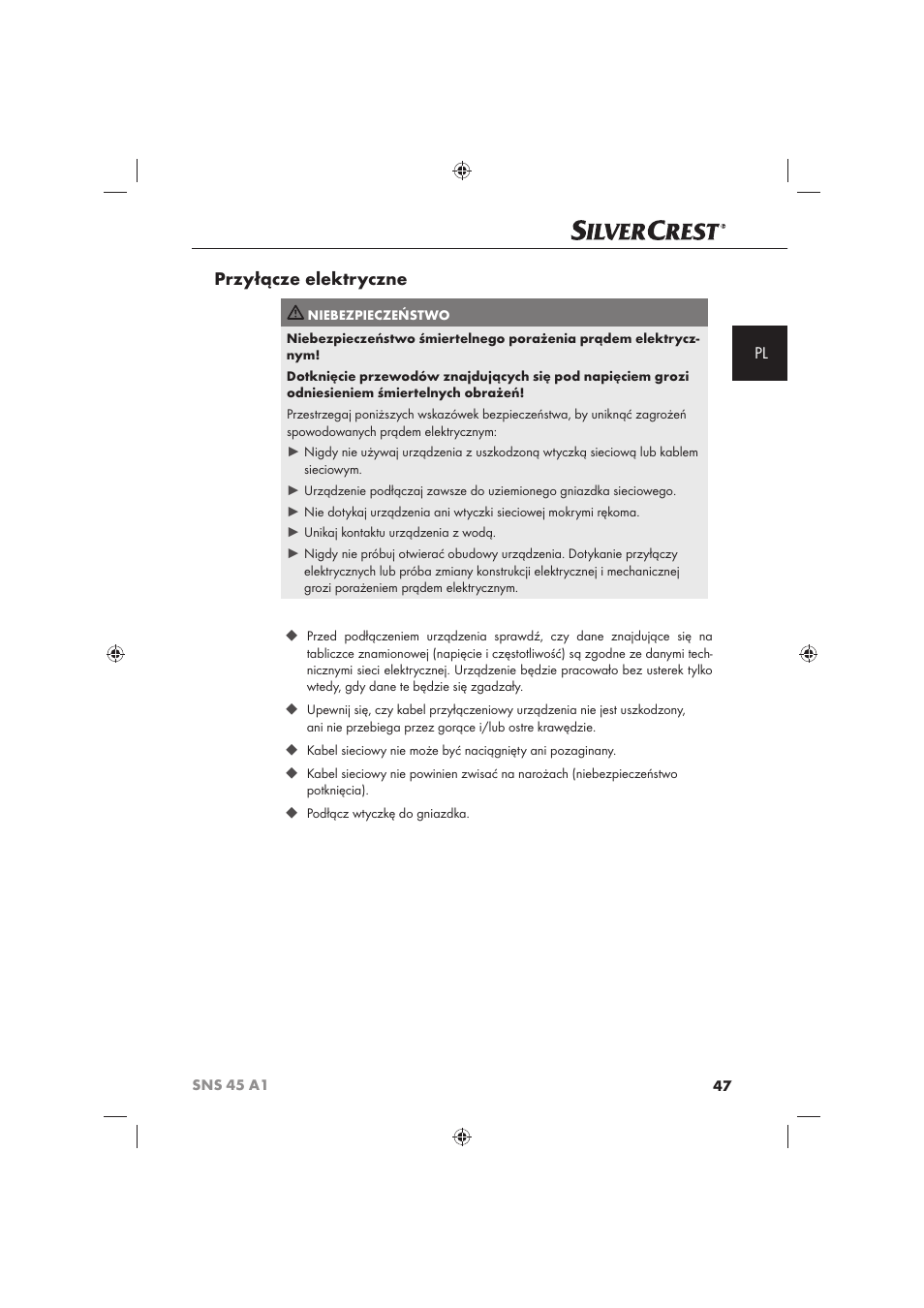Przyłącze elektryczne | Silvercrest SNS 45 A1 User Manual | Page 47 / 194