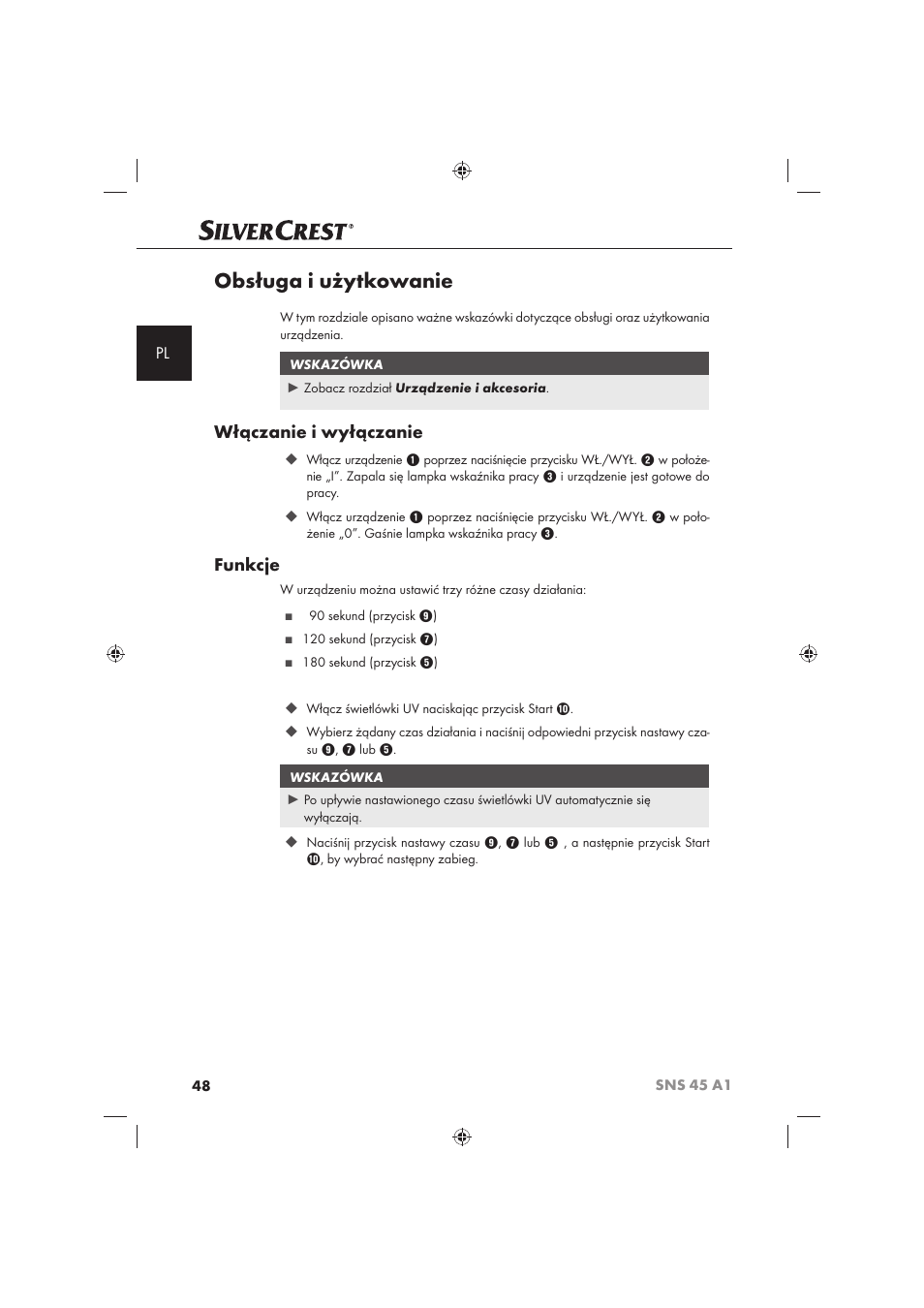 Obsługa i użytkowanie, Włączanie i wyłączanie, Funkcje | Silvercrest SNS 45 A1 User Manual | Page 48 / 194