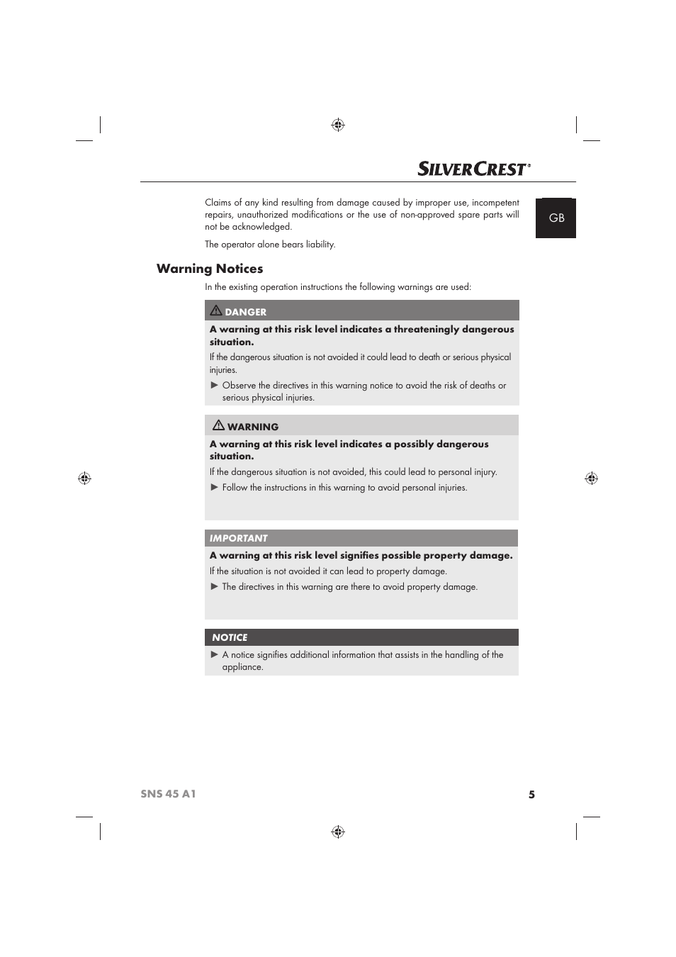 Warning notices | Silvercrest SNS 45 A1 User Manual | Page 5 / 194