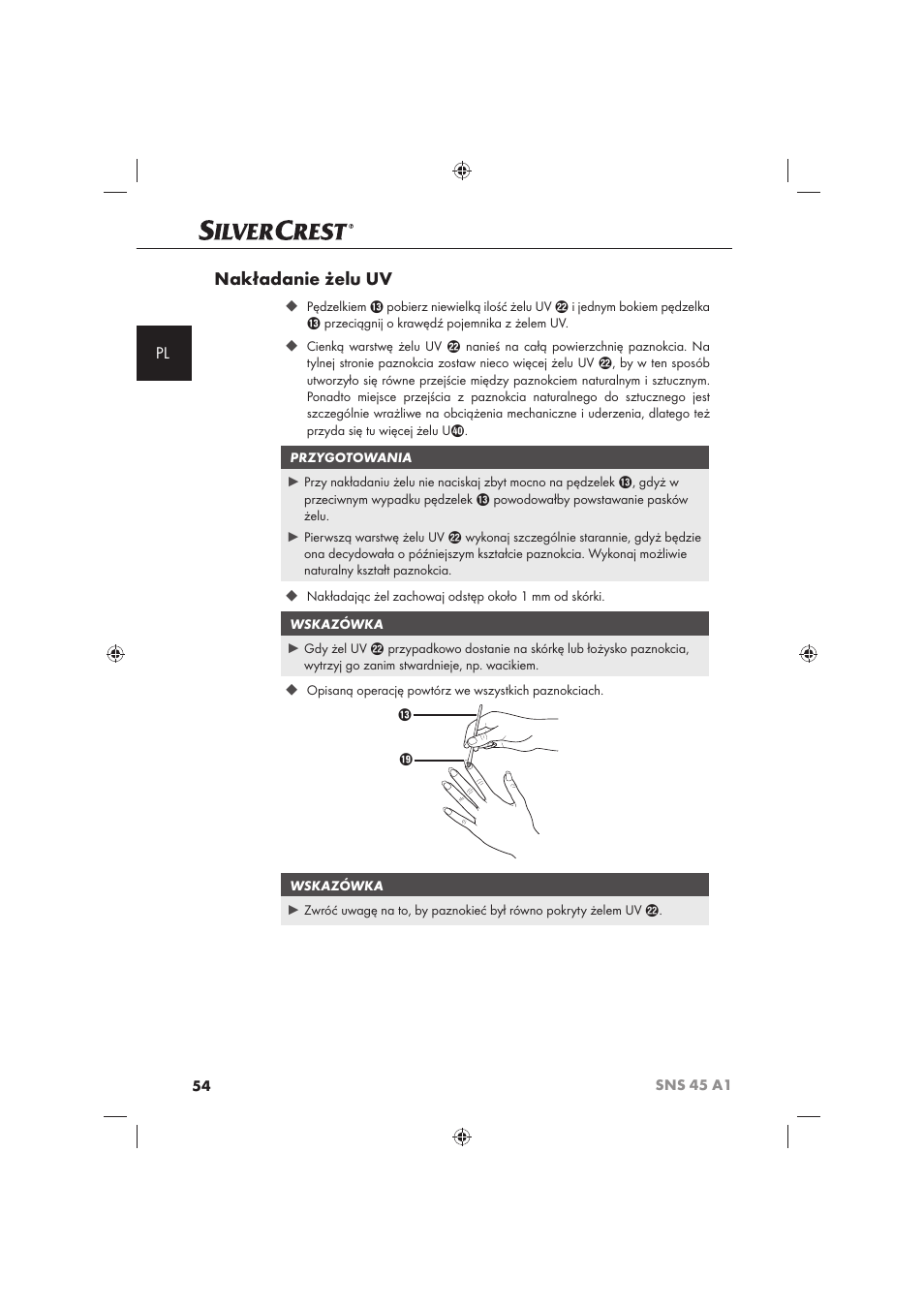 Nakładanie żelu uv | Silvercrest SNS 45 A1 User Manual | Page 54 / 194