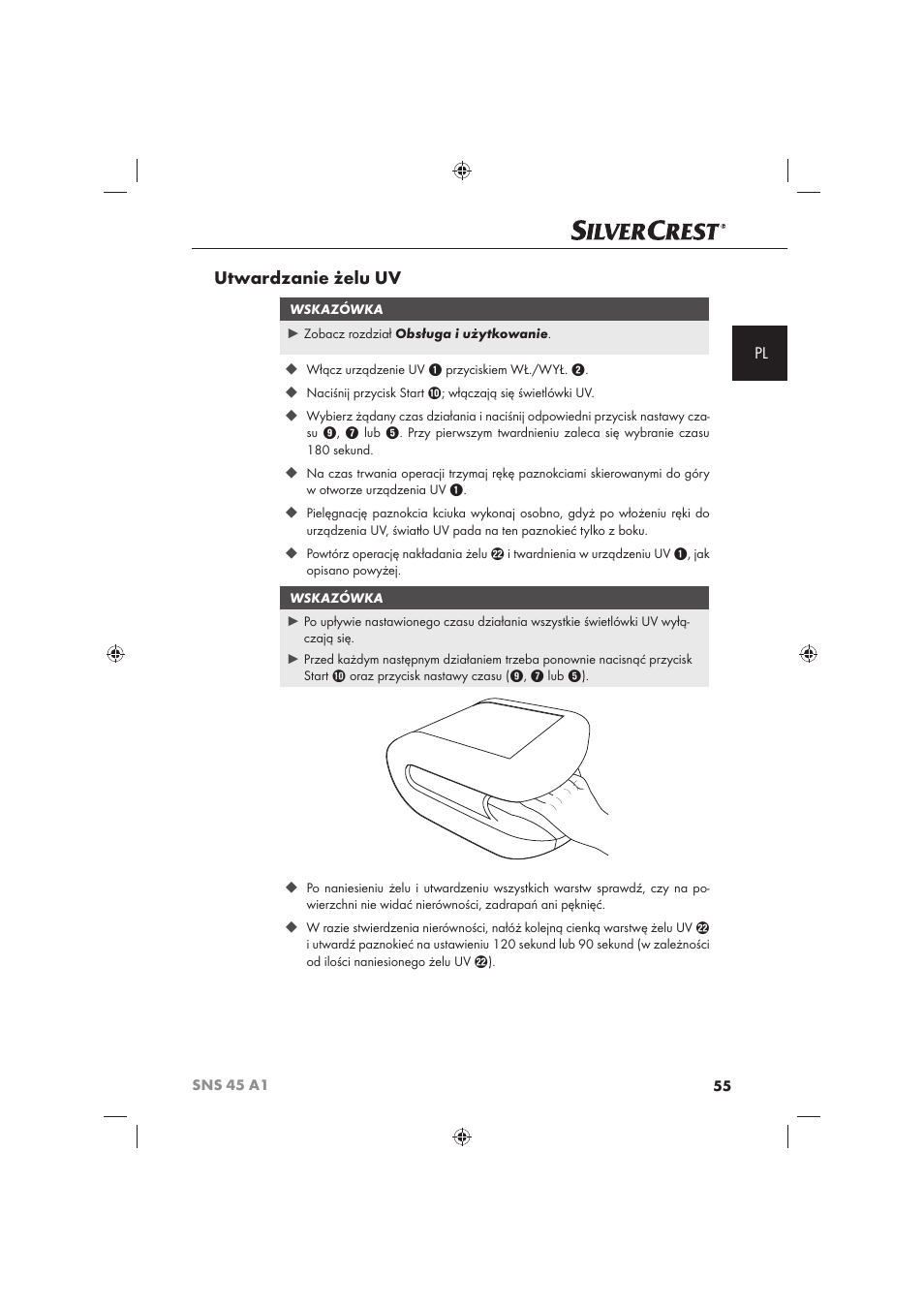 Utwardzanie żelu uv | Silvercrest SNS 45 A1 User Manual | Page 55 / 194