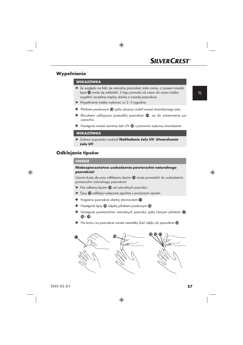 Wypełnianie, Odklejanie tipsów | Silvercrest SNS 45 A1 User Manual | Page 57 / 194