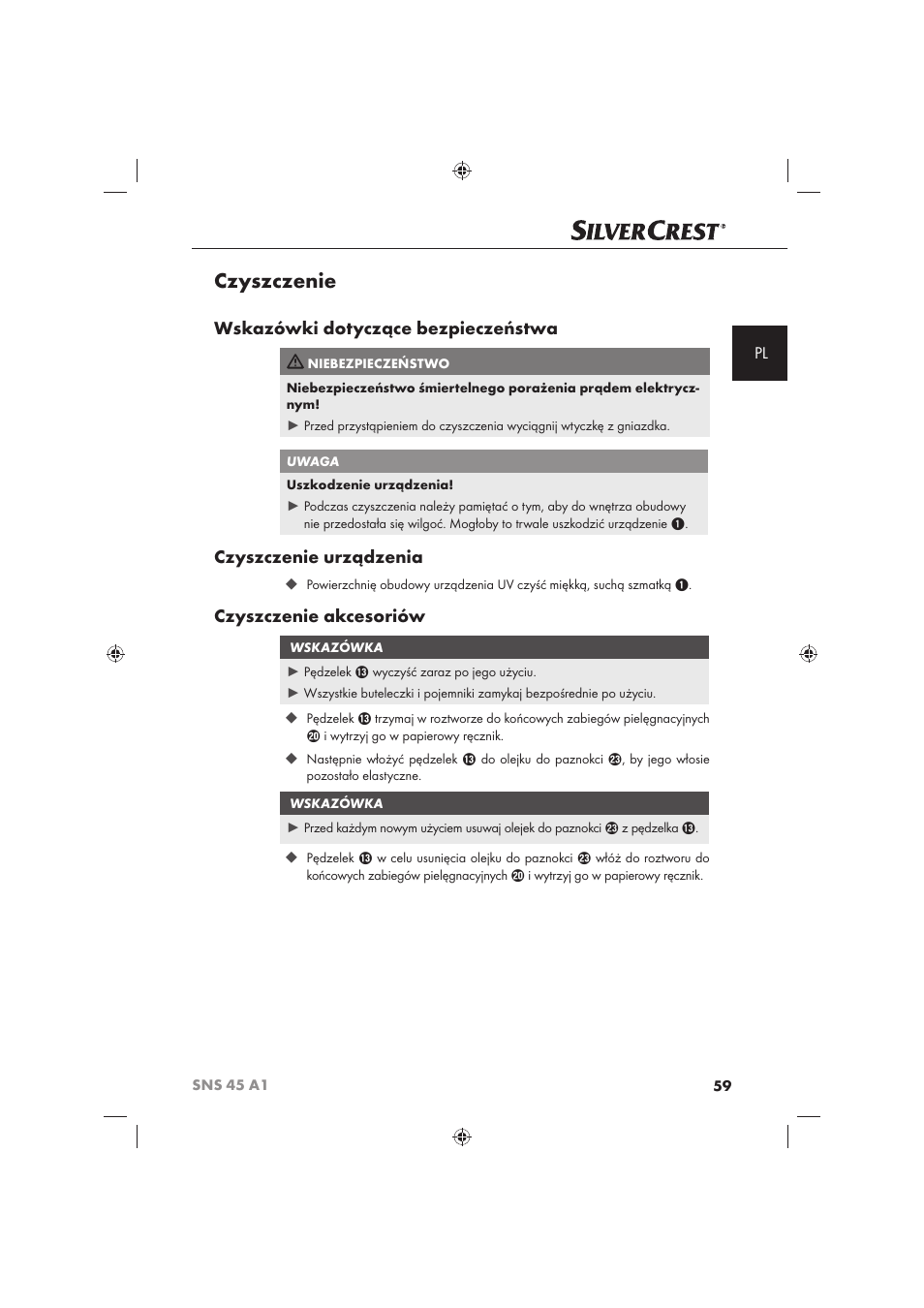 Czyszczenie, Wskazówki dotyczące bezpieczeństwa, Czyszczenie urządzenia | Czyszczenie akcesoriów | Silvercrest SNS 45 A1 User Manual | Page 59 / 194