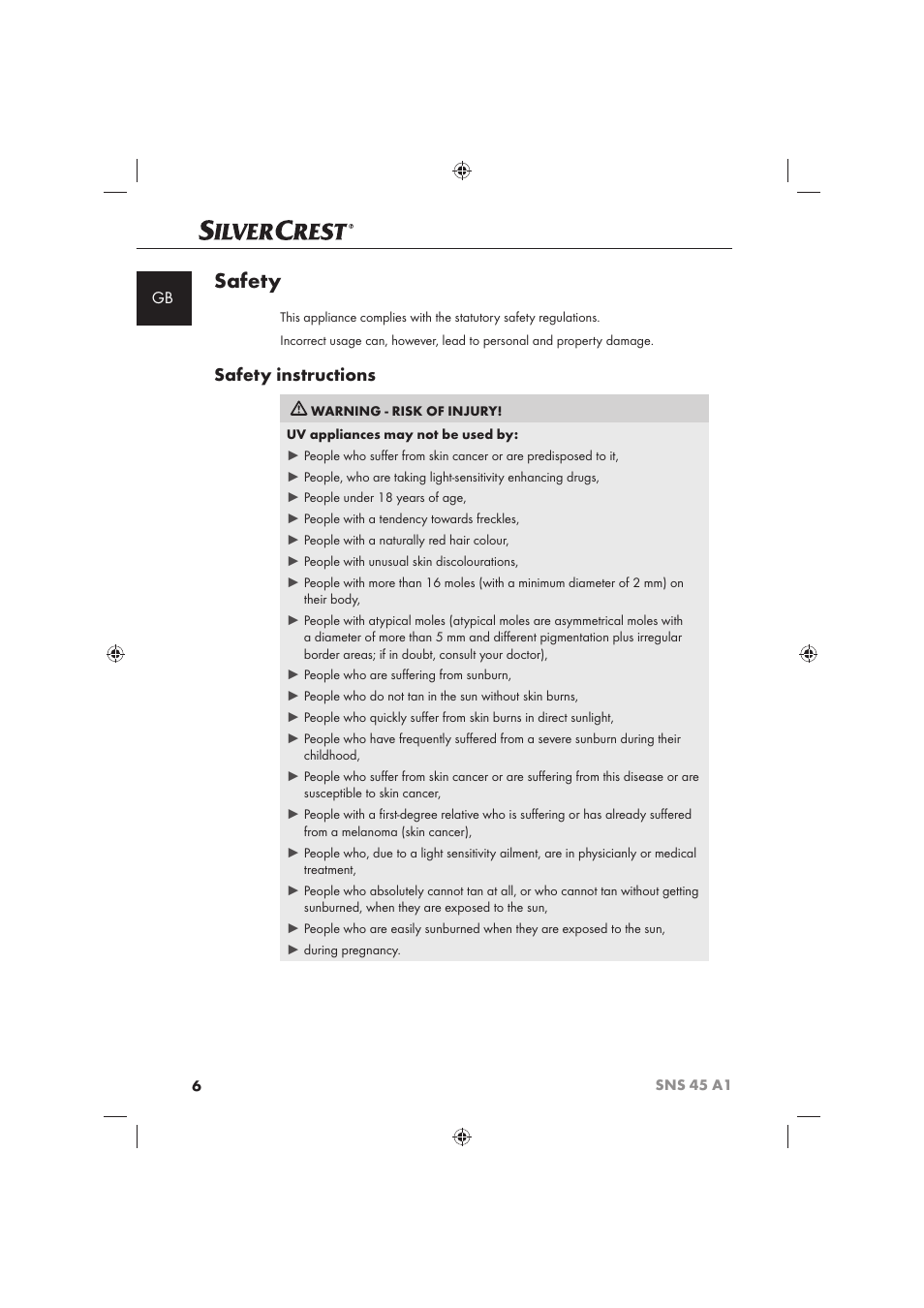 Safety, Safety instructions | Silvercrest SNS 45 A1 User Manual | Page 6 / 194