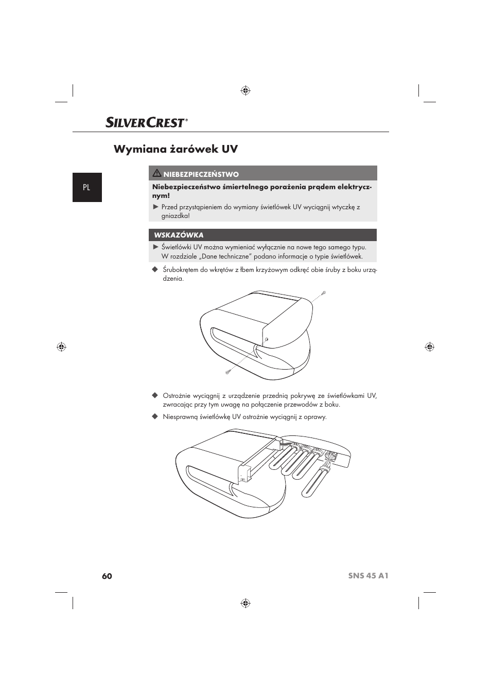 Wymiana żarówek uv | Silvercrest SNS 45 A1 User Manual | Page 60 / 194