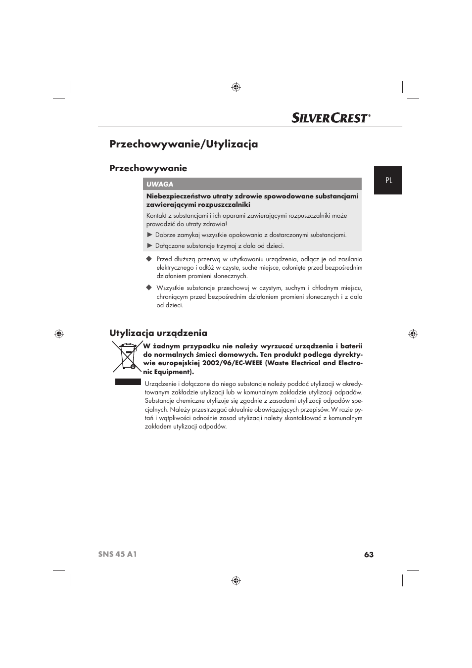 Przechowywanie/utylizacja, Przechowywanie, Utylizacja urządzenia | Silvercrest SNS 45 A1 User Manual | Page 63 / 194