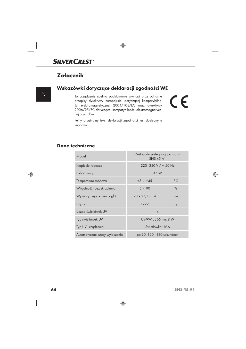 Załącznik, Wskazówki dotyczące deklaracji zgodności we, Dane techniczne | Silvercrest SNS 45 A1 User Manual | Page 64 / 194