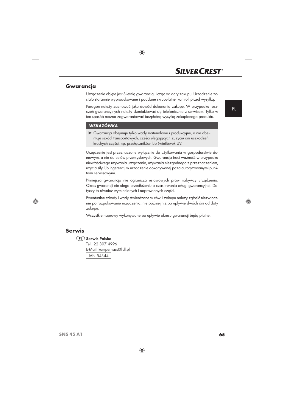 Gwarancja, Serwis | Silvercrest SNS 45 A1 User Manual | Page 65 / 194