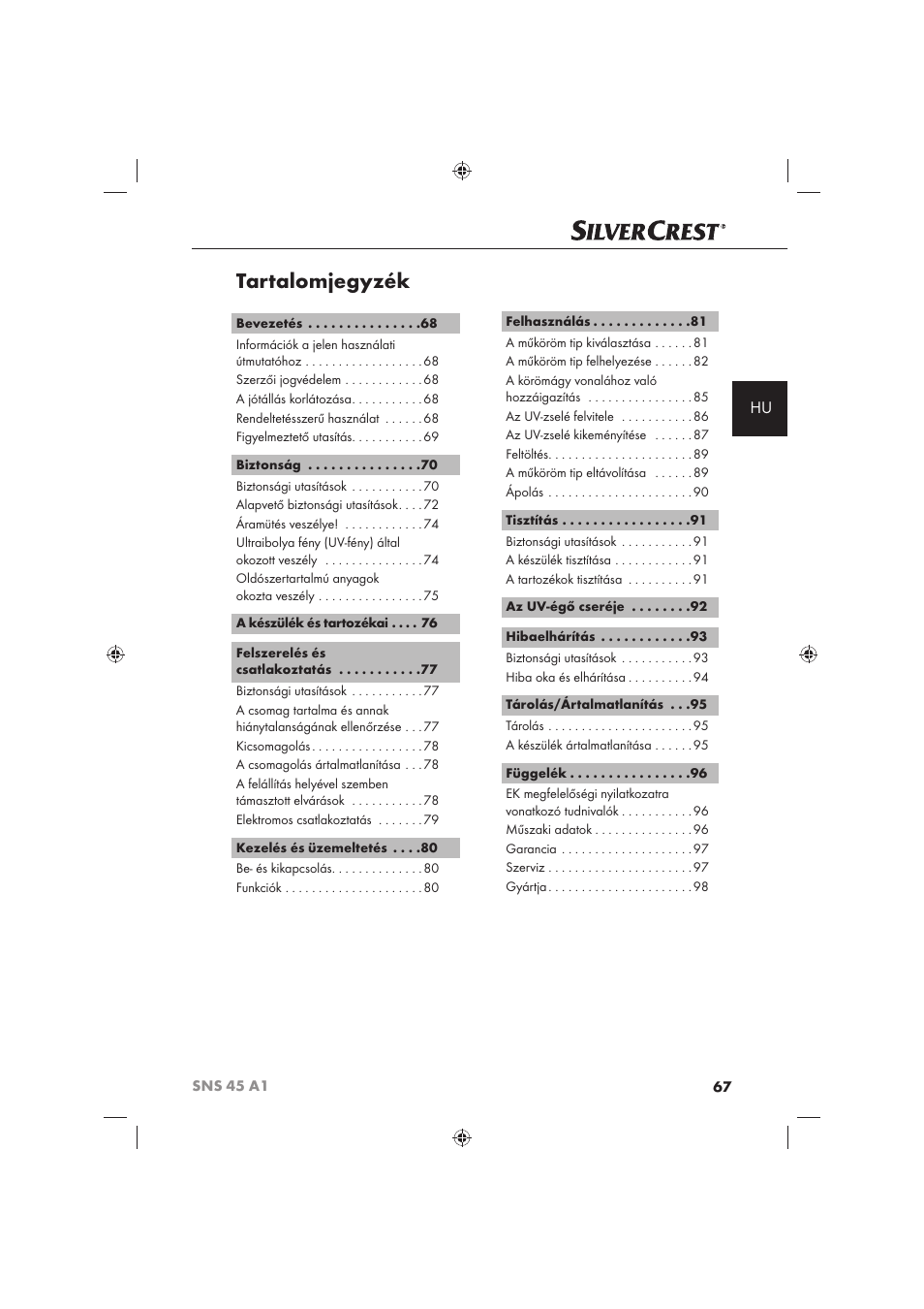 Tartalomjegyzék | Silvercrest SNS 45 A1 User Manual | Page 67 / 194