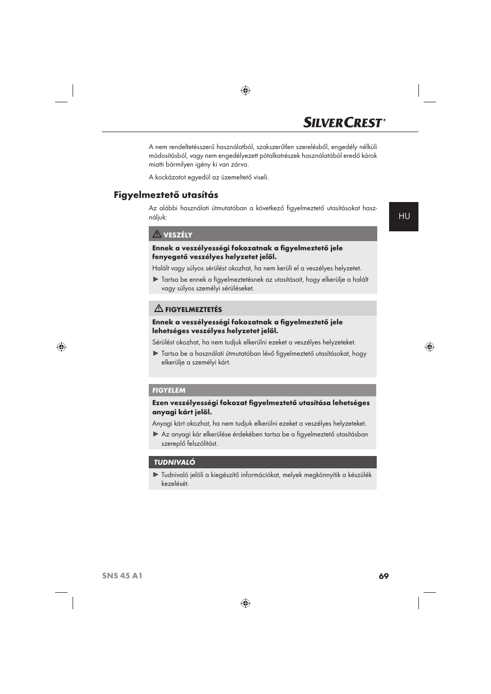 Figyelmeztető utasítás | Silvercrest SNS 45 A1 User Manual | Page 69 / 194