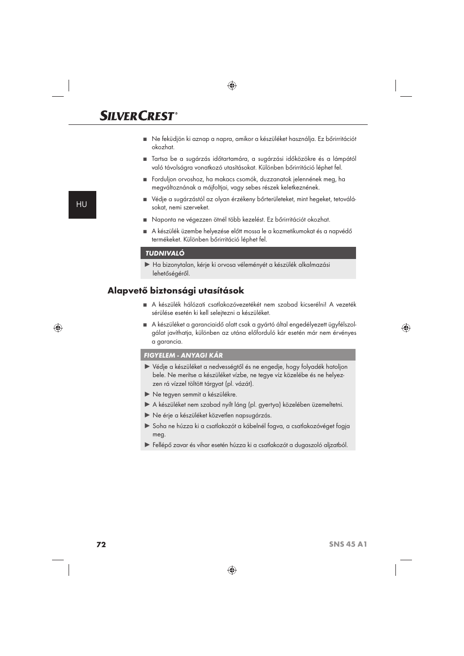 Alapvető biztonsági utasítások | Silvercrest SNS 45 A1 User Manual | Page 72 / 194